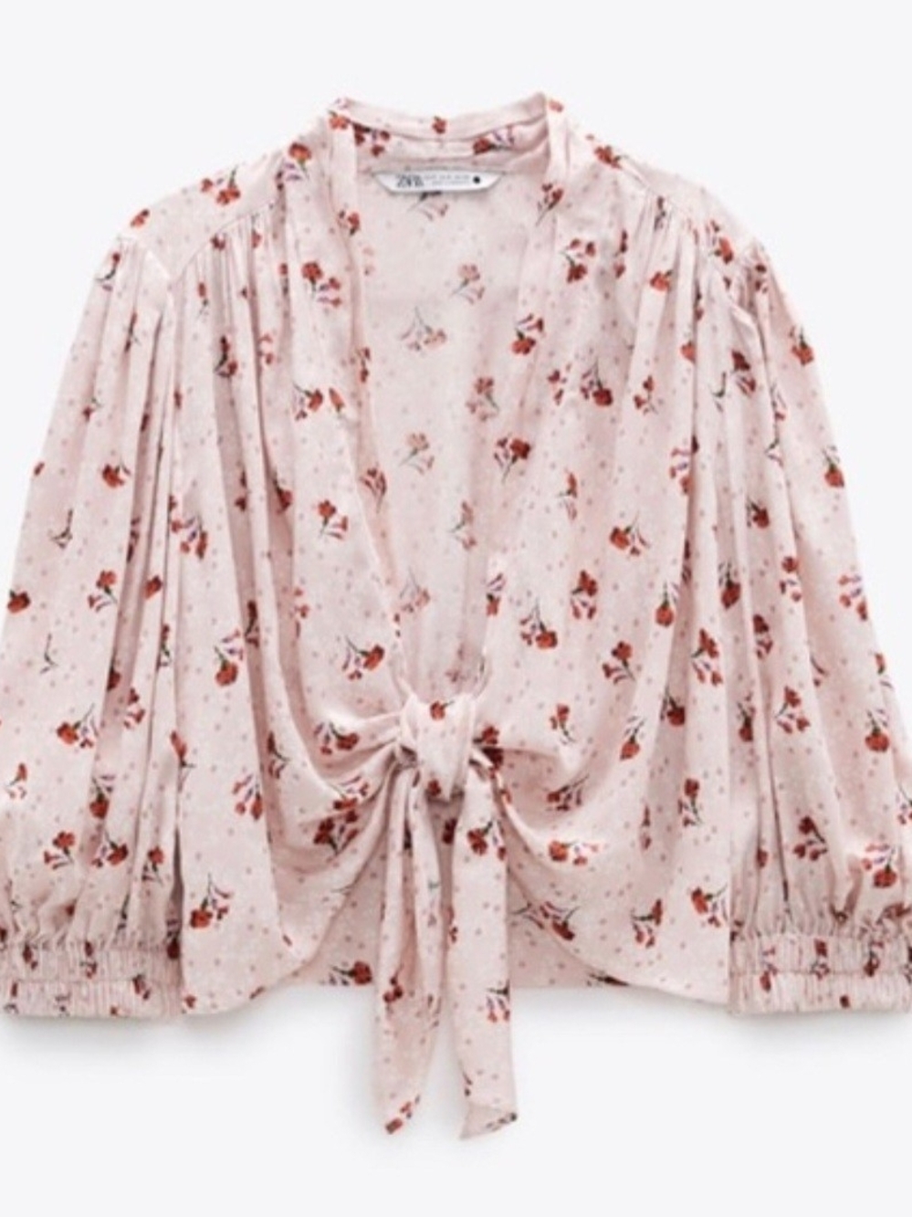 ZARA Tie-Front Floral Blouse in Light Pink